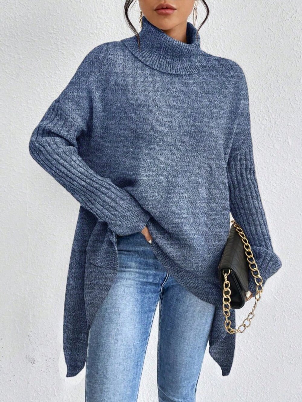 Blue Casual Women's Sleeve Turtleneck Asymmetrical Hem Drop Shoulder Sweater - Picture 5 of 6